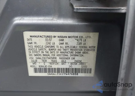 2007 Nissan Altima 2.5 S z USA, uszkodzony, nr VIN 1N4AL21E27N476898